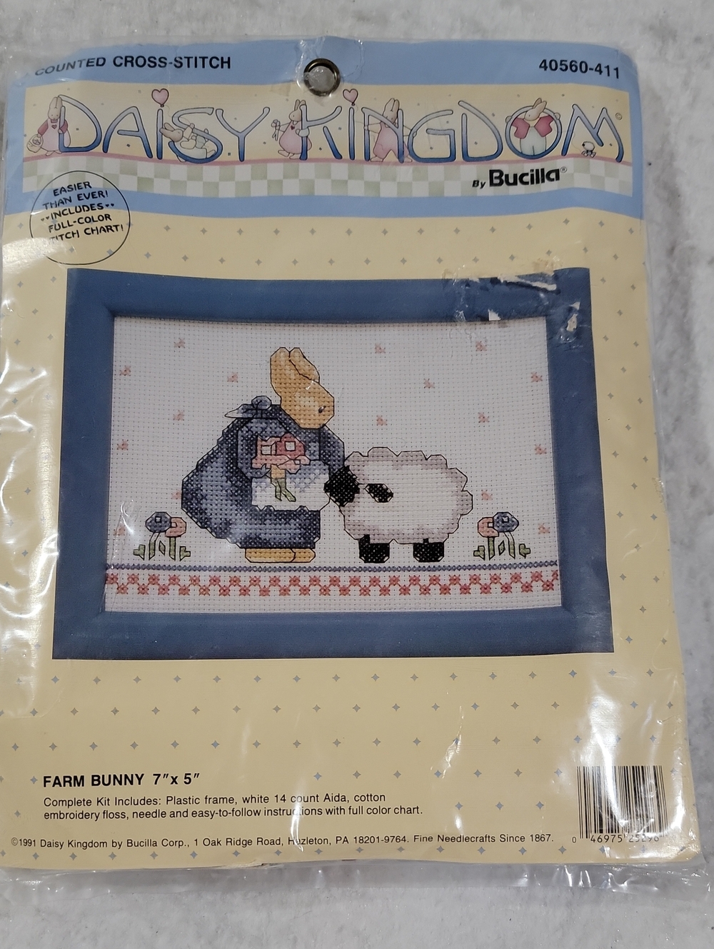 Vintage Bucilla Blue Framed Farm Bunny Cross-Stitch Kit-1991 Daisy Kingdom New